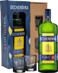 Becherovka + 2 pohre - pokoden obal 38% 0,7l (darekov balenie 2 pohre)